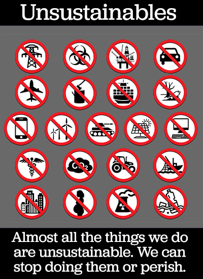 collection of stop signs depicting all our unsustainable activities