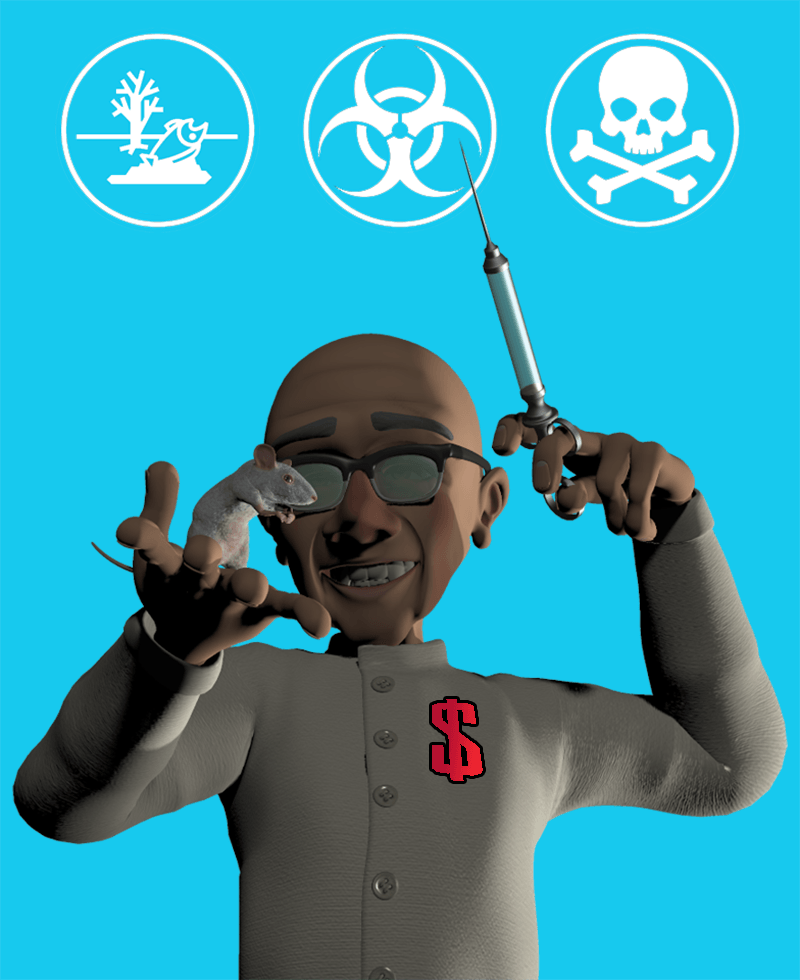 mad scientist about to inject a little mouse with chemicals