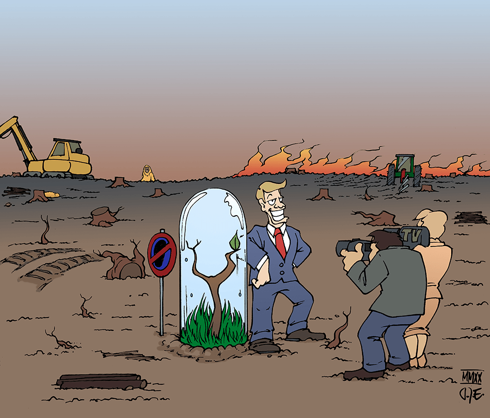 cartoon of businessman grinning beside a single plant under glass in midst of a deforested wasteland