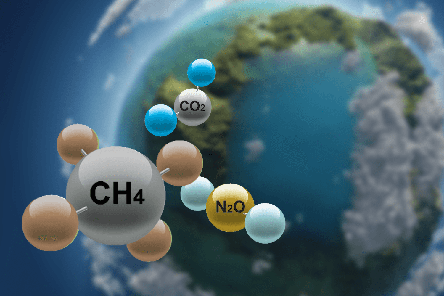 molecules of greenhouse gases floating in atmosphere 