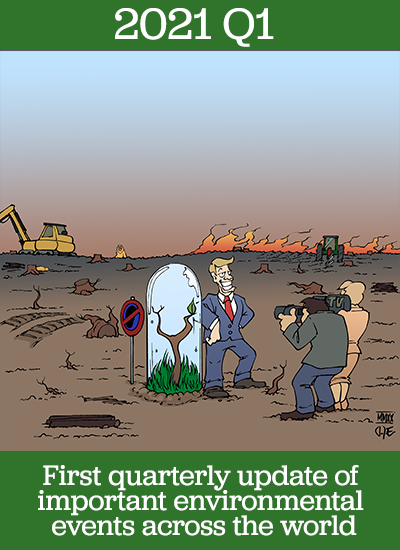 Cartoon of grinning businessman beside one saved plant under glass in devastated landscape