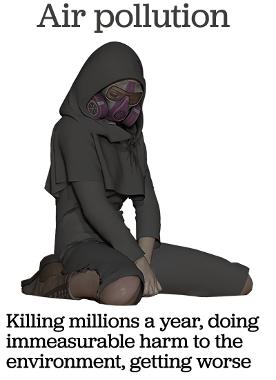 hooded woman wearing a gasmask, sitting on her knees, grieving