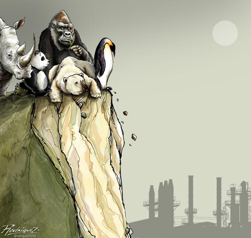 cartoon of endangered animals clinging to a crumbling rock with refinery in background