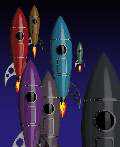 seven old-fashioned space rockets rising