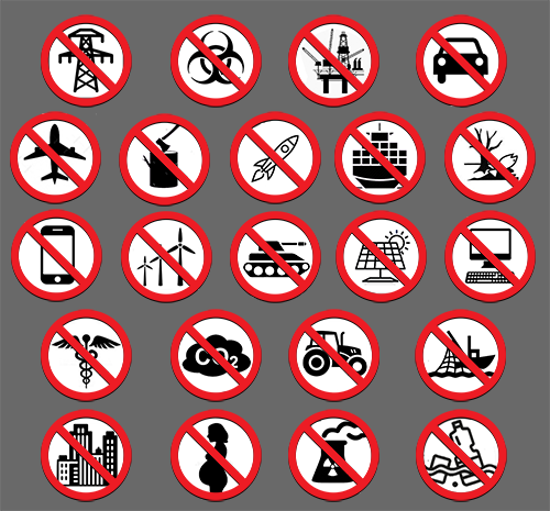 18 prohibition signs depiciting unsustainable activities